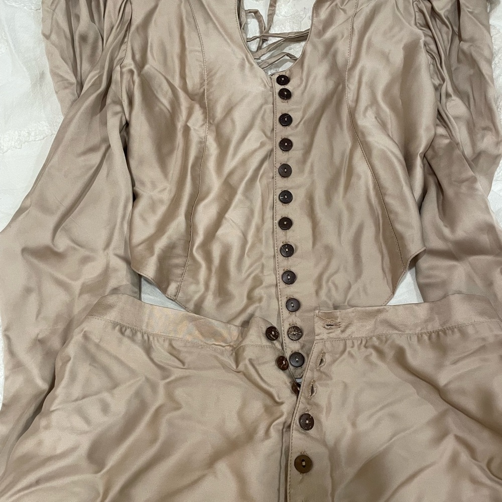 Champagne Button-Up Ruffle Blouse and Skirt Set